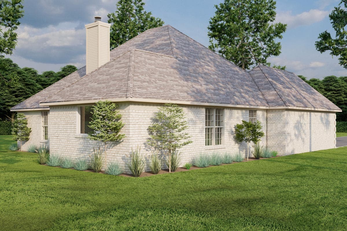 House plan exterior with white brick, hip roof, and prominent chimney. Single-story, traditional style.
