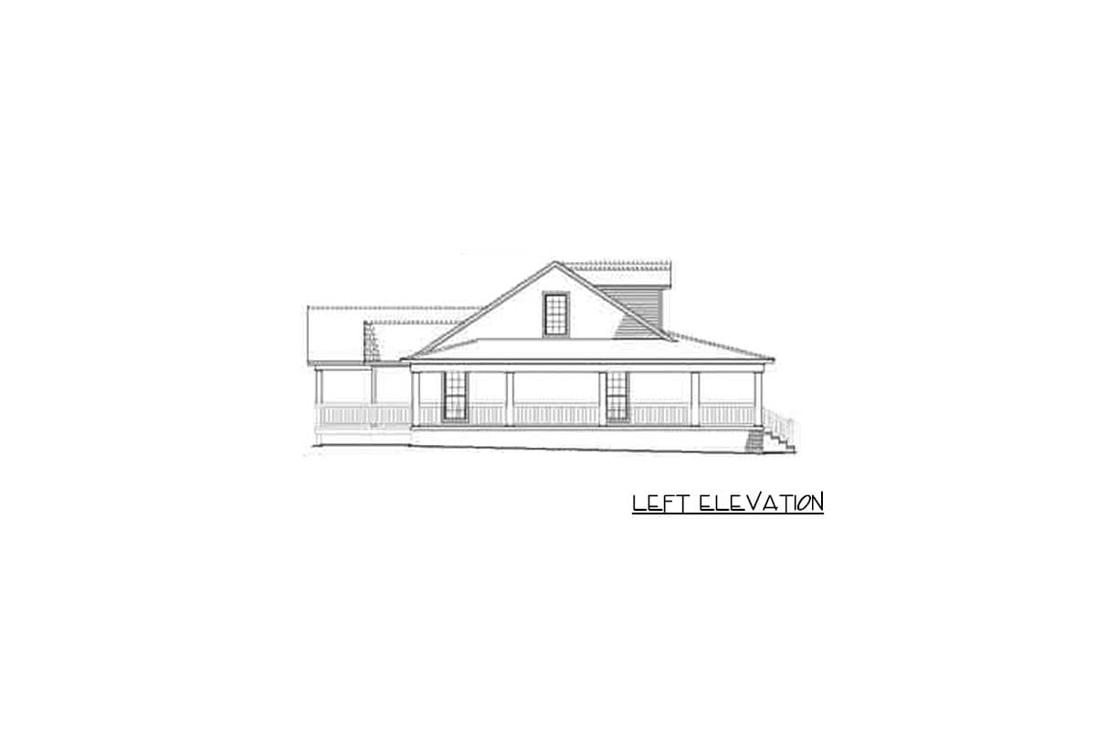 Left elevation house plan with wraparound porch, gables, and a dormer.