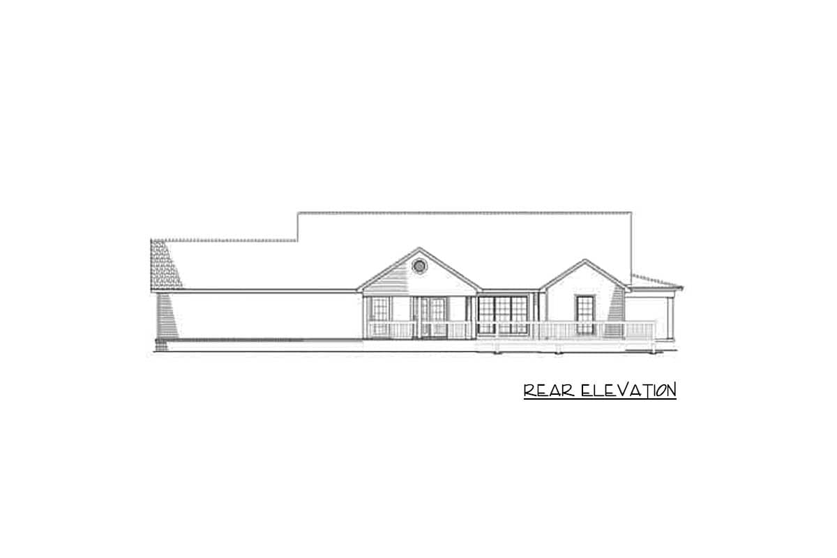 Rear elevation drawing of a single-story house plan with a wraparound porch, gables, and multiple windows.