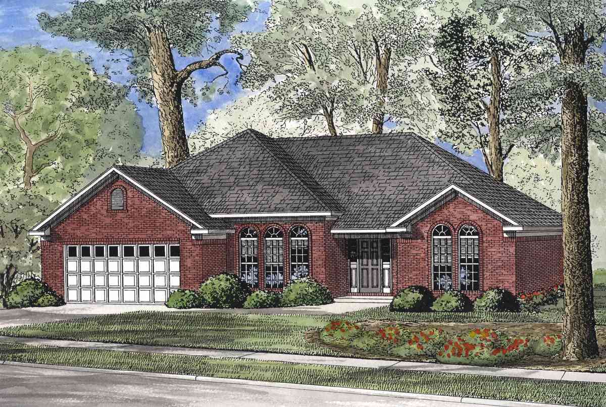 House plan exterior: Brick ranch with attached side-entry garage, arched windows, and covered front entry.