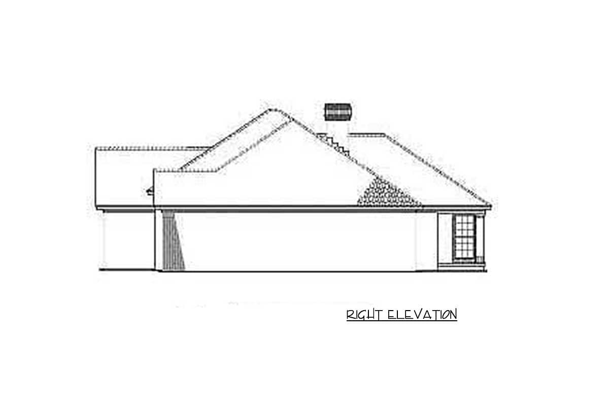 Right elevation drawing of a house plan showing a gabled roof, chimney, and window.