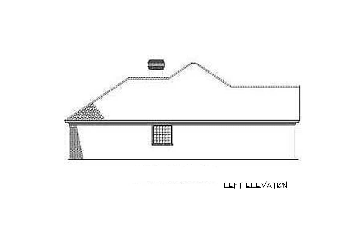 Left elevation drawing of a house plan featuring a hip roof, dormer, chimney, and window.