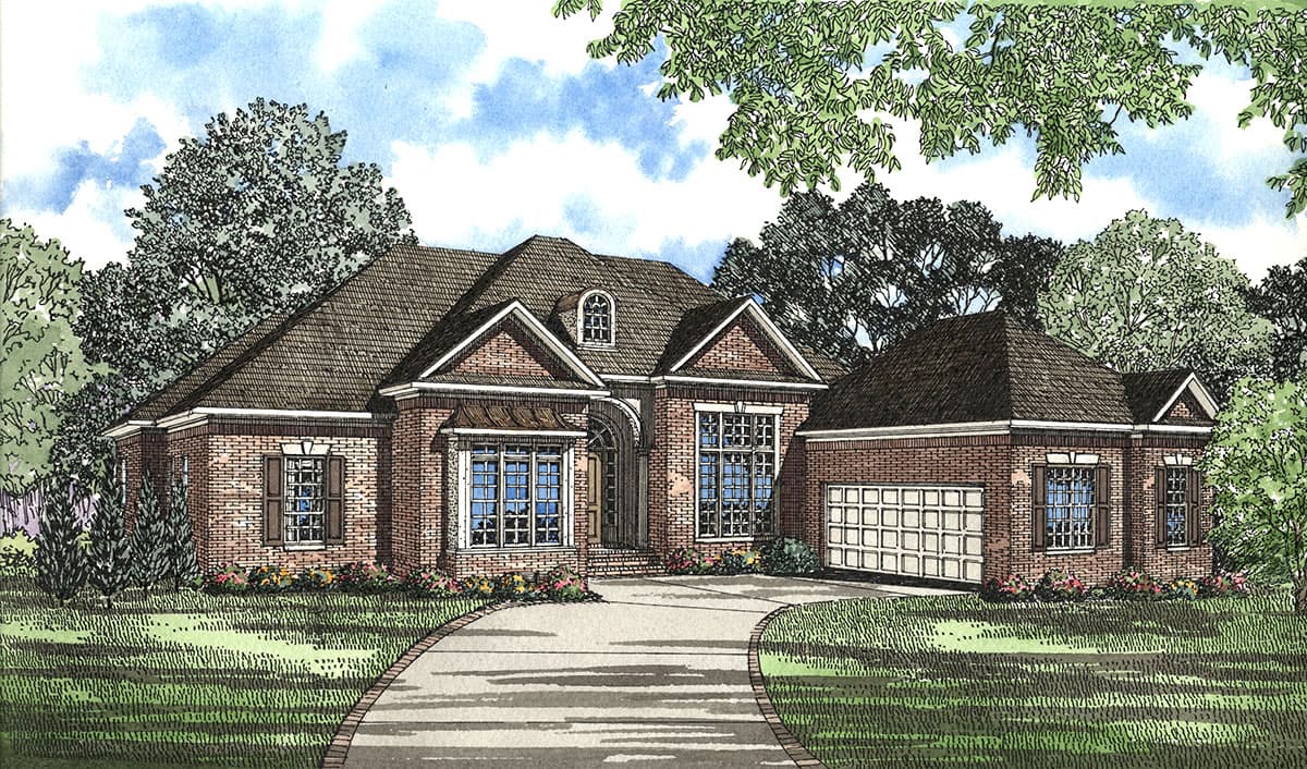 House plan exterior rendering shows a two-story brick home with gables, arched entryway, dormer window, and attached garage.