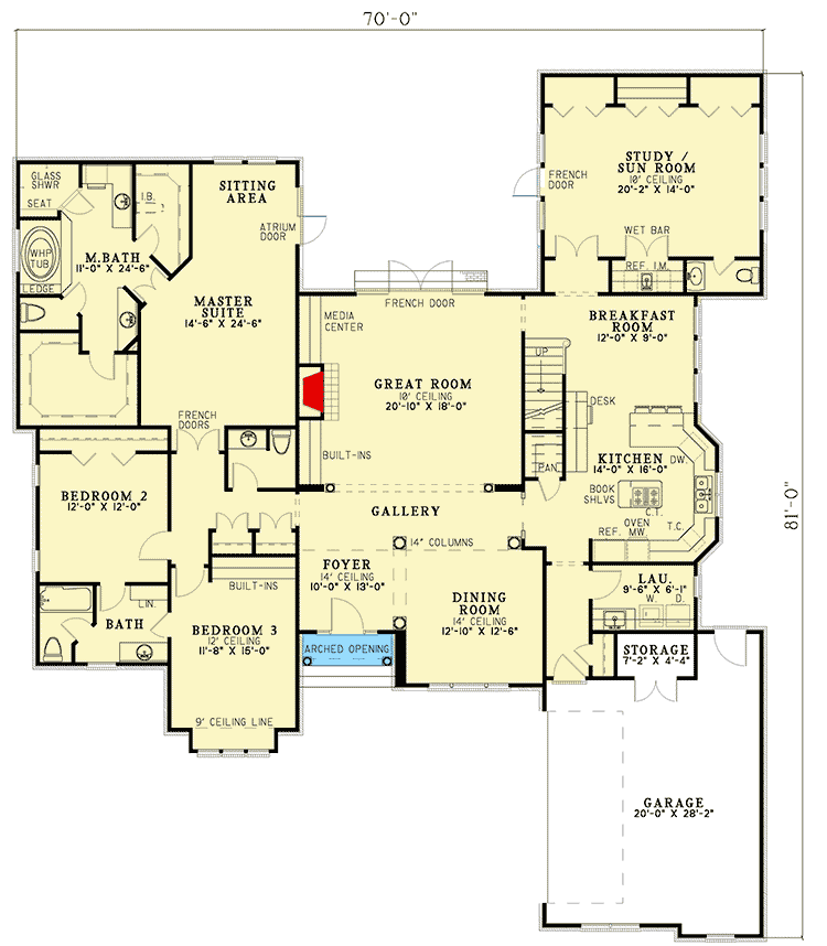 Plan 5930ND: French Traditional House Plan with Large Study/Sun Room - 3568 Sq Ft - Floor Plan - Main Level - Traditional
