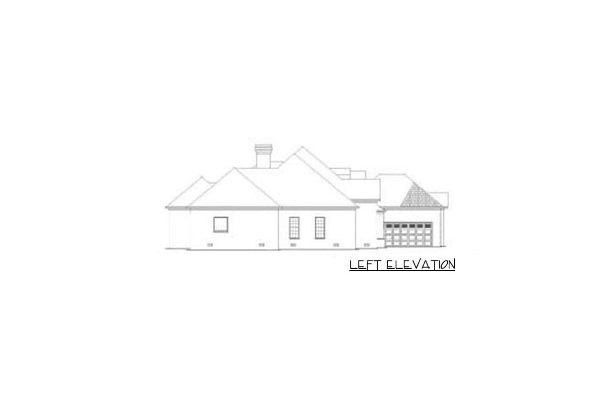 Left elevation drawing of a house plan, showing a single-story structure with a pitched roof, multiple gables, a chimney, and an attached garage.
