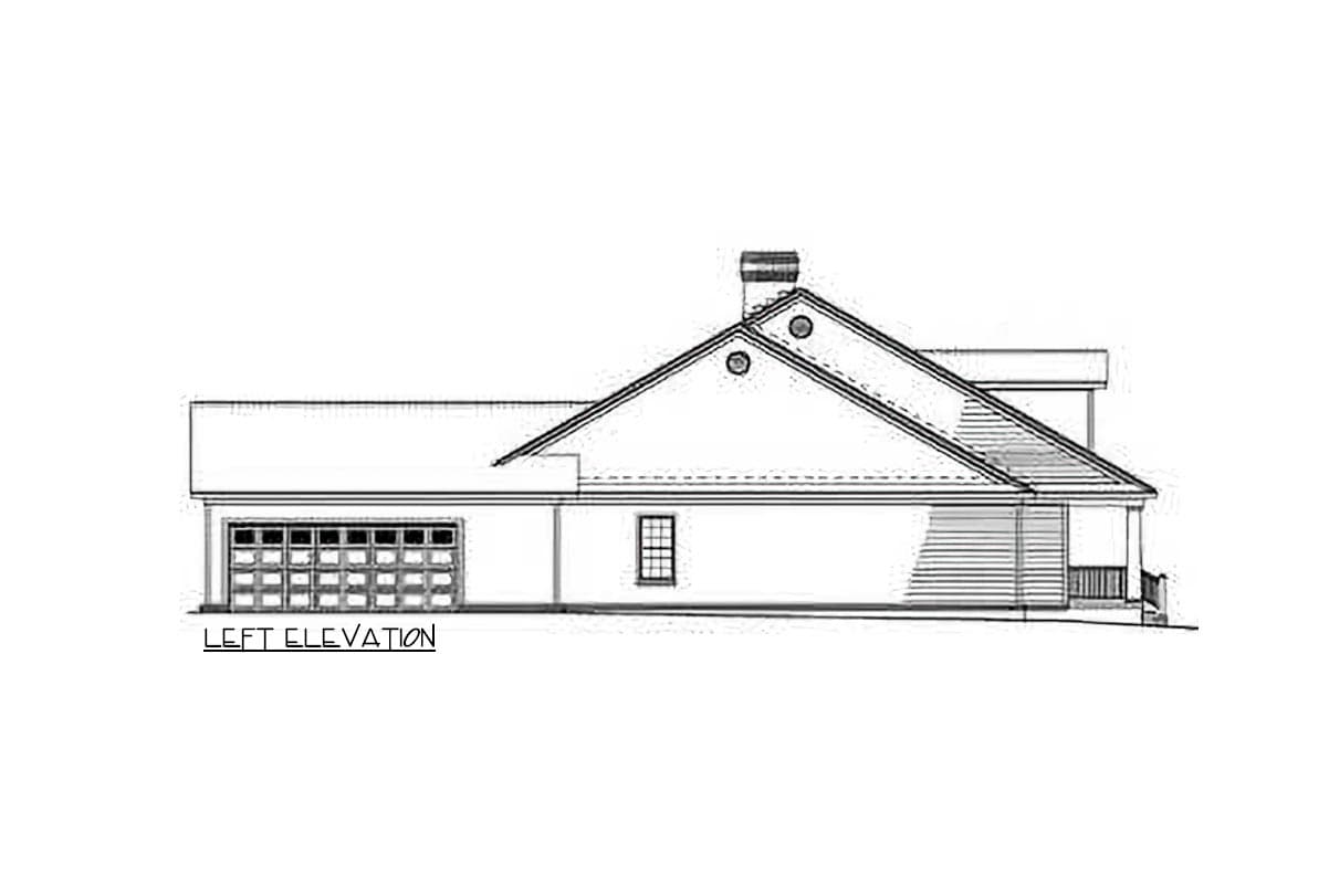 Left elevation house plan shows a one-story structure with a two-car garage, prominent gables, and a chimney.