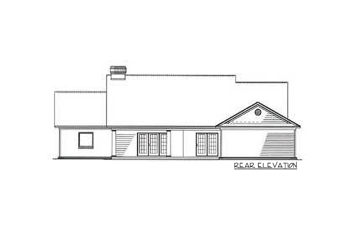 Rear elevation drawing of a house plan featuring a gable, dormer, multiple French doors, and a chimney.