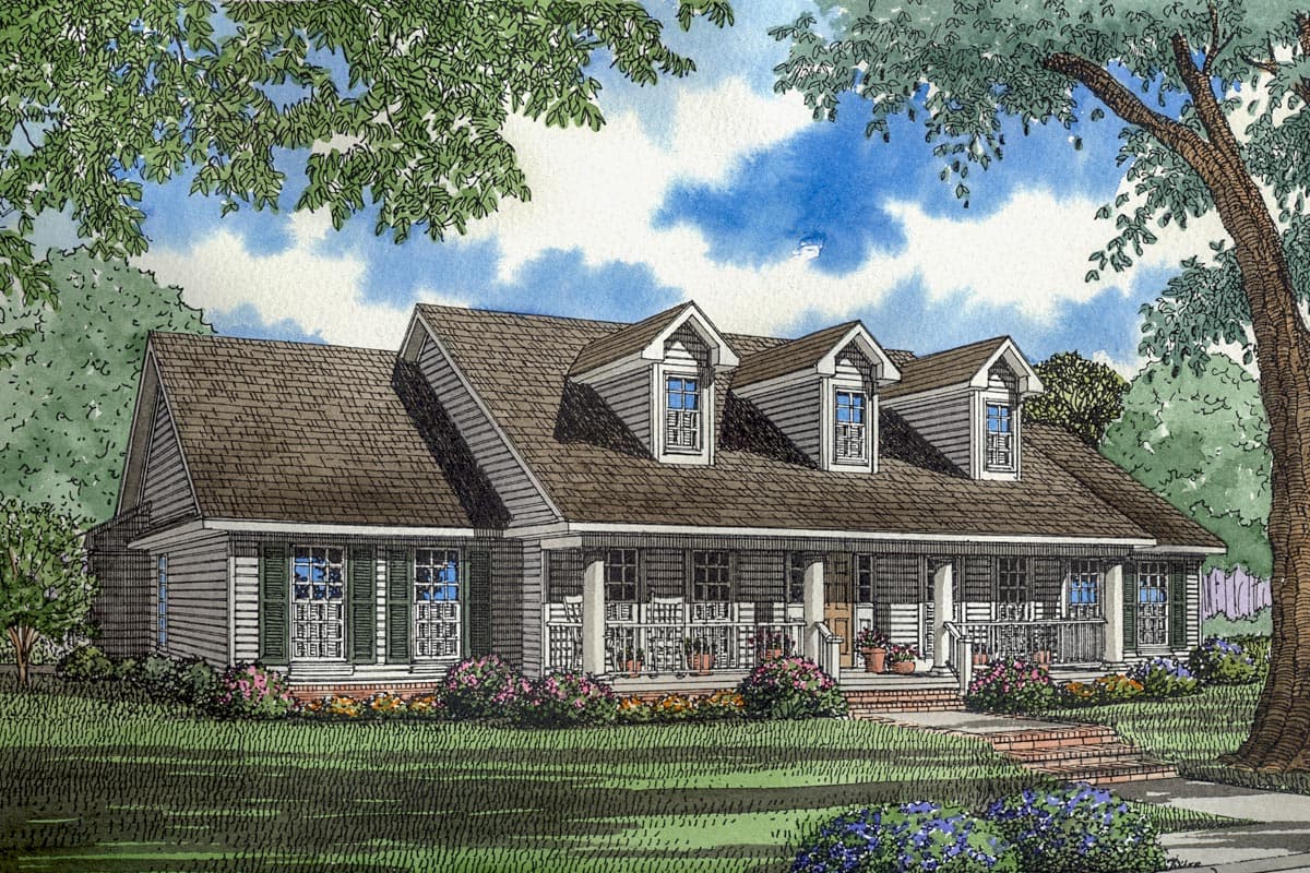 House plan exterior: Ranch style, one story, full-width covered porch with columns, multiple gables with dormer windows.
