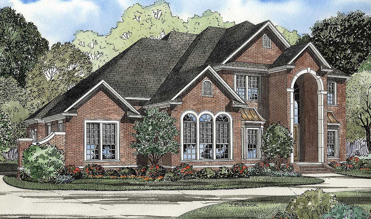 House plan exterior rendering. Two-story brick facade home with gabled roof, arched entry, and dormer windows. Landscaping in foreground.
