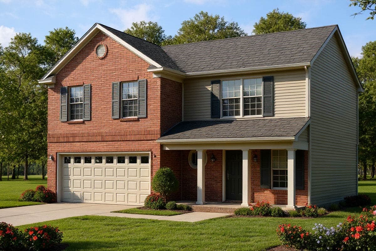 House plan exterior: Two-story brick and siding home with a covered front porch, two gables, and a two-car garage.