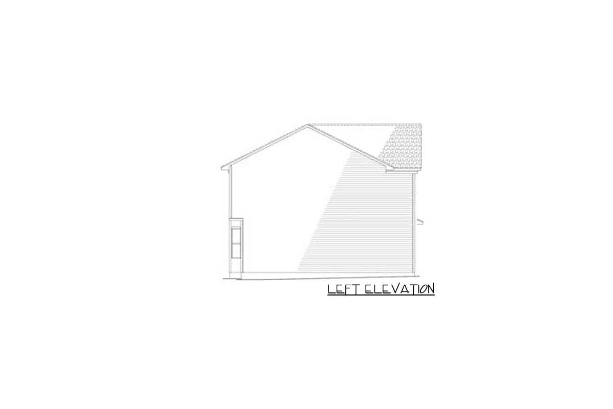 Left elevation drawing of a house plan showing a gable roof, pitched roof, and a small porch.
