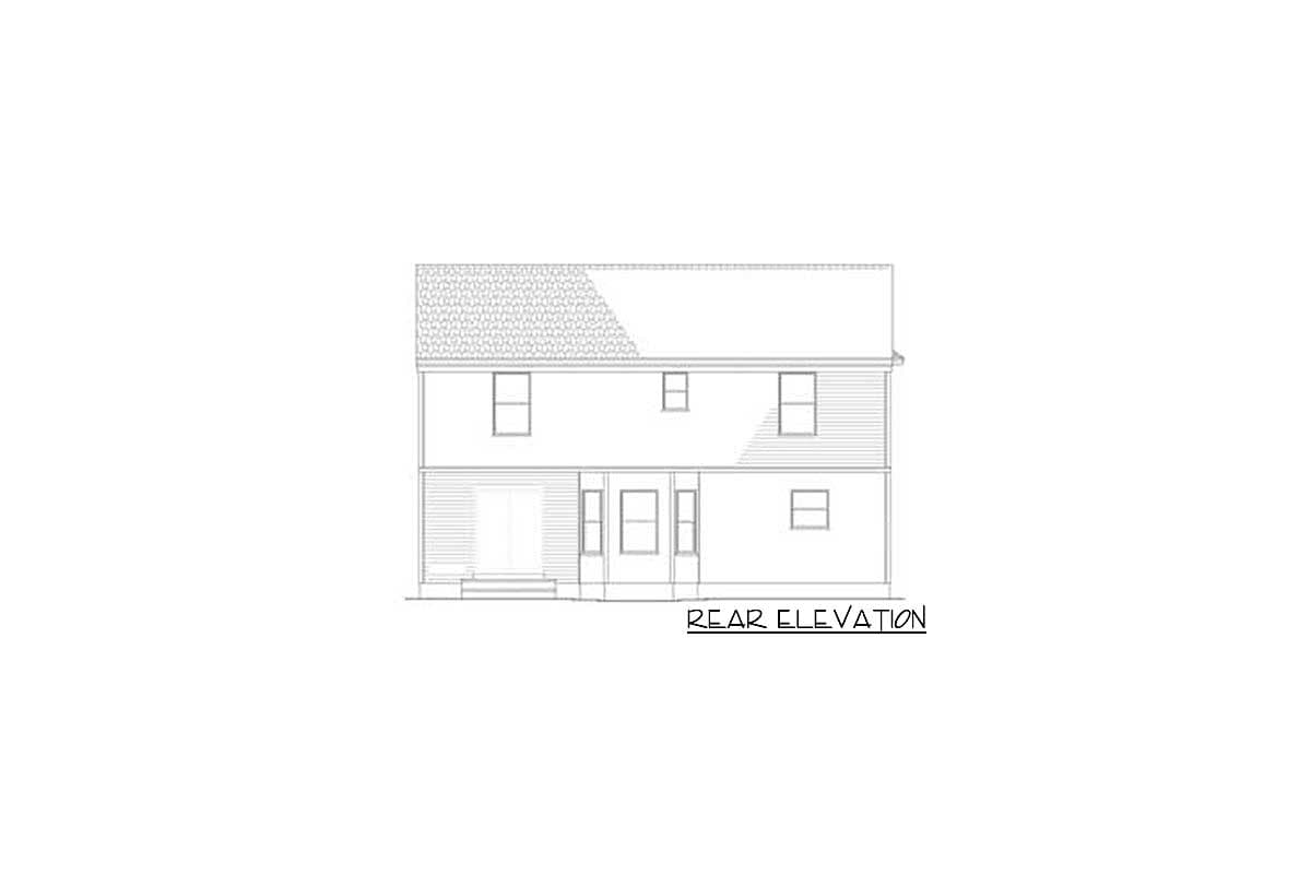 Rear elevation drawing of a two-story house plan featuring a pitched roof, multiple windows, and a sliding glass door.