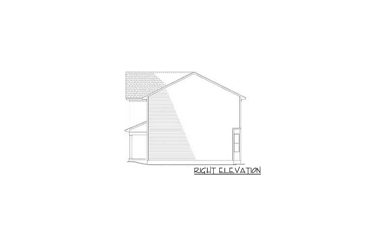Right elevation drawing of a house plan showing siding, a pitched roof, and a small porch.
