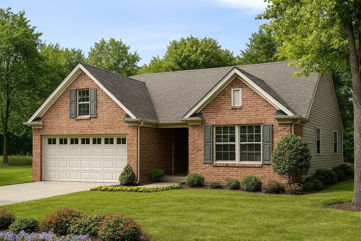 House plan exterior. One-story brick and siding house with gabled roof, garage, and decorative shutters on windows.