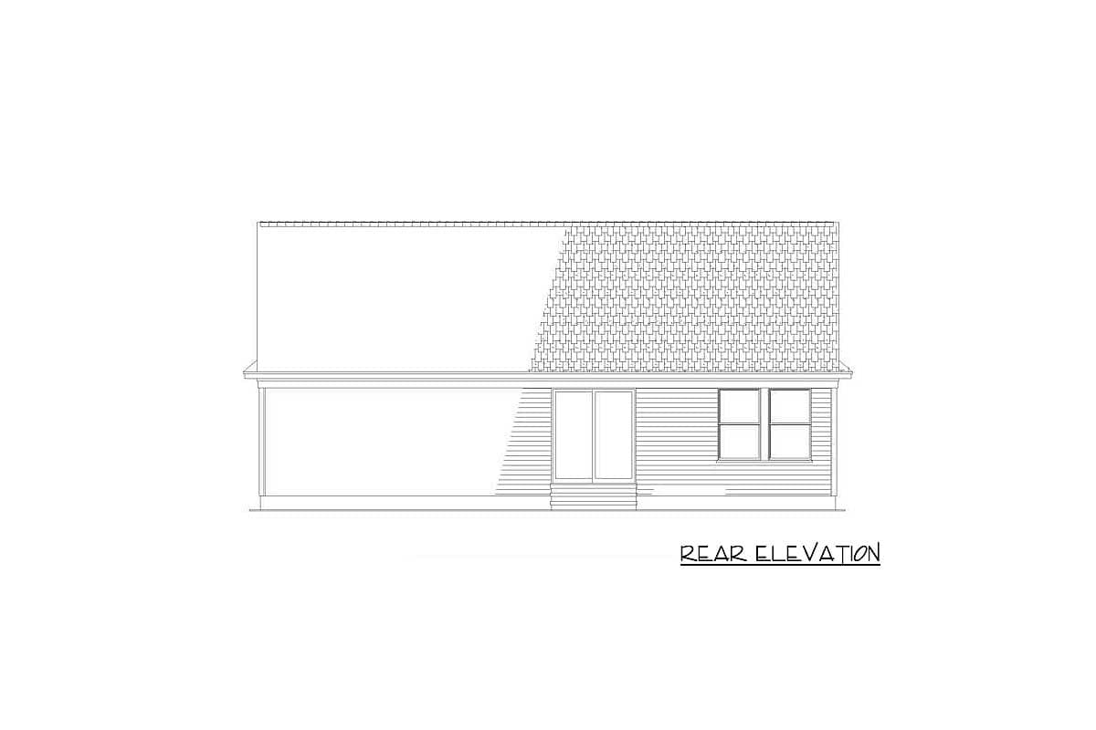 Rear elevation drawing of a house plan featuring sliding glass doors and two windows.