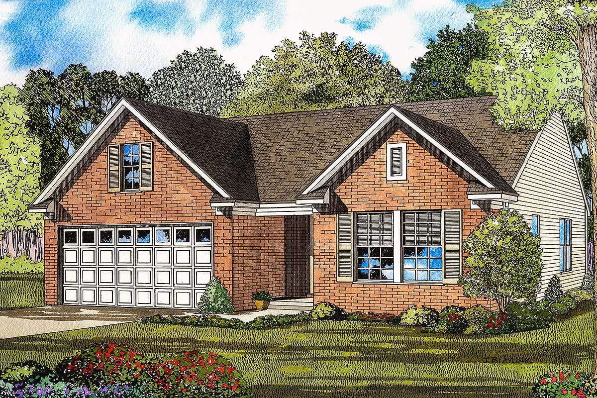 House plan exterior: Brick home with two gables, dormer window, and attached two-car garage with segmented door.
