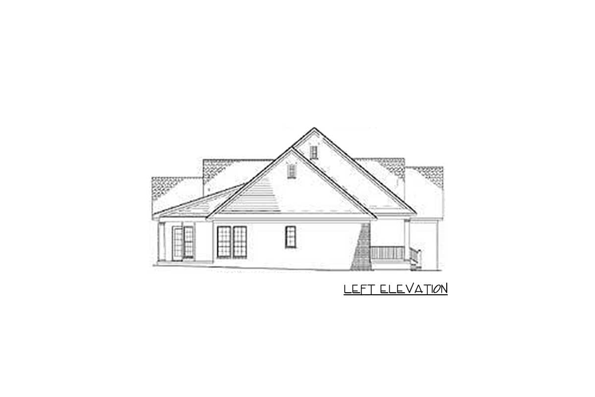 Left elevation house plan drawing showing gabled rooflines, dormers, porch, and windows.