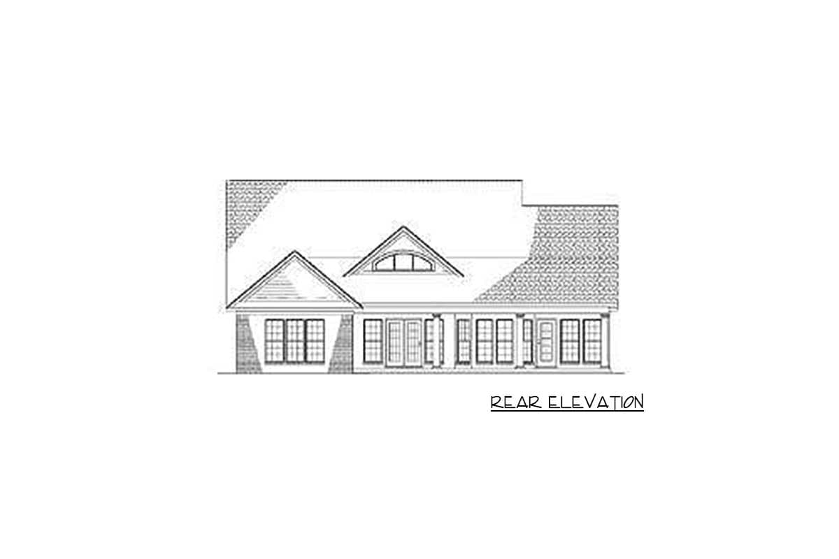 Rear elevation drawing of a one-story house with gables, dormers, and a covered porch with columns.