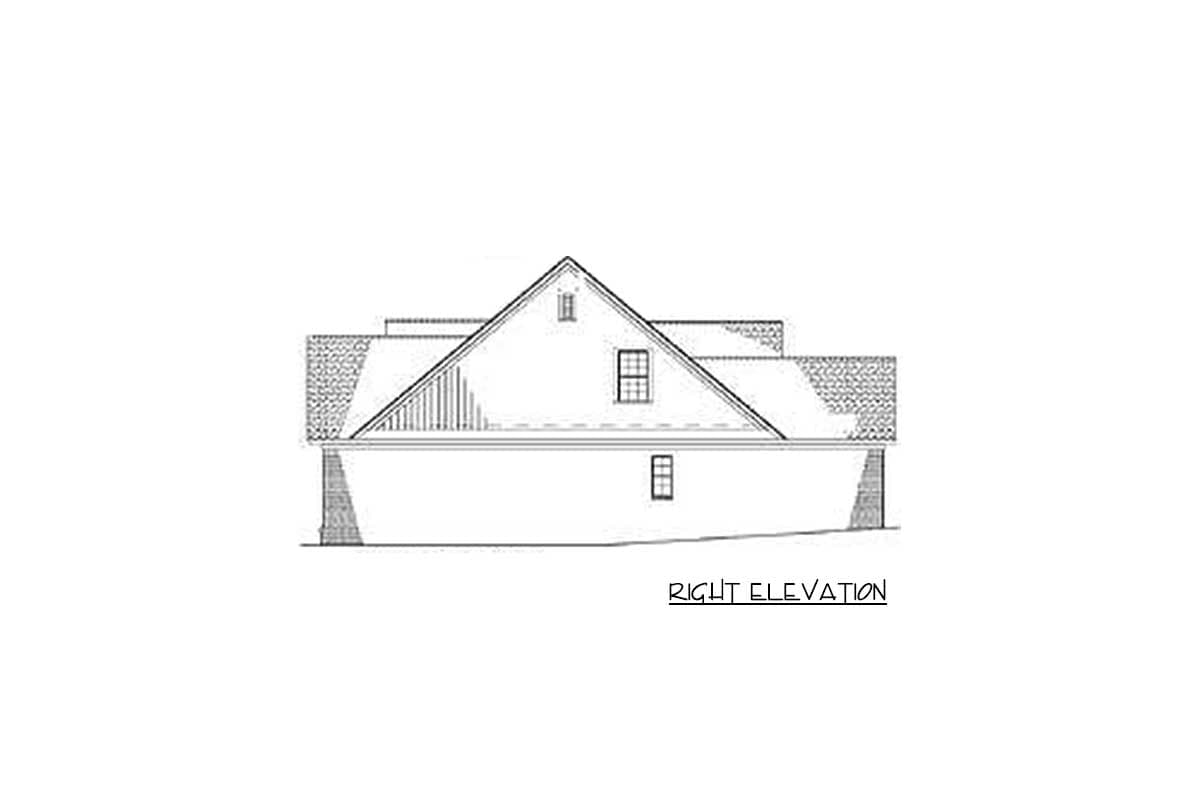 Right elevation house plan drawing showing a gable roof, dormer window, and two visible windows.