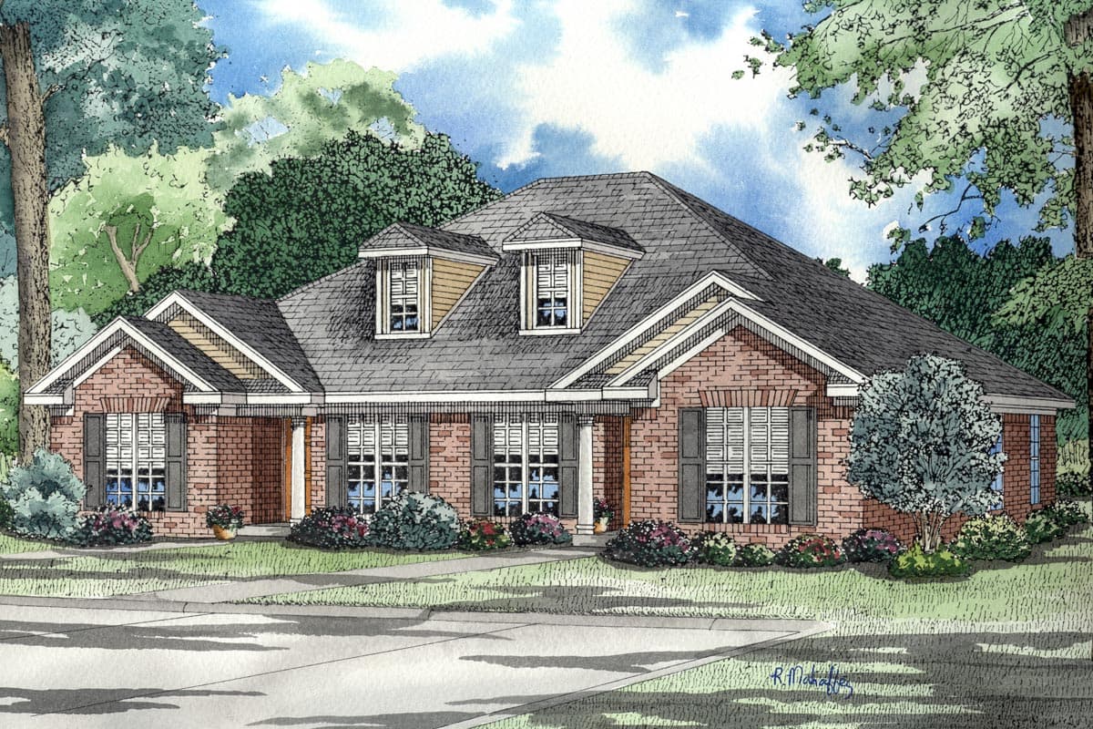 House plan exterior: brick ranch with centered dormers, covered entry with columns, gabled sections, and shutters.