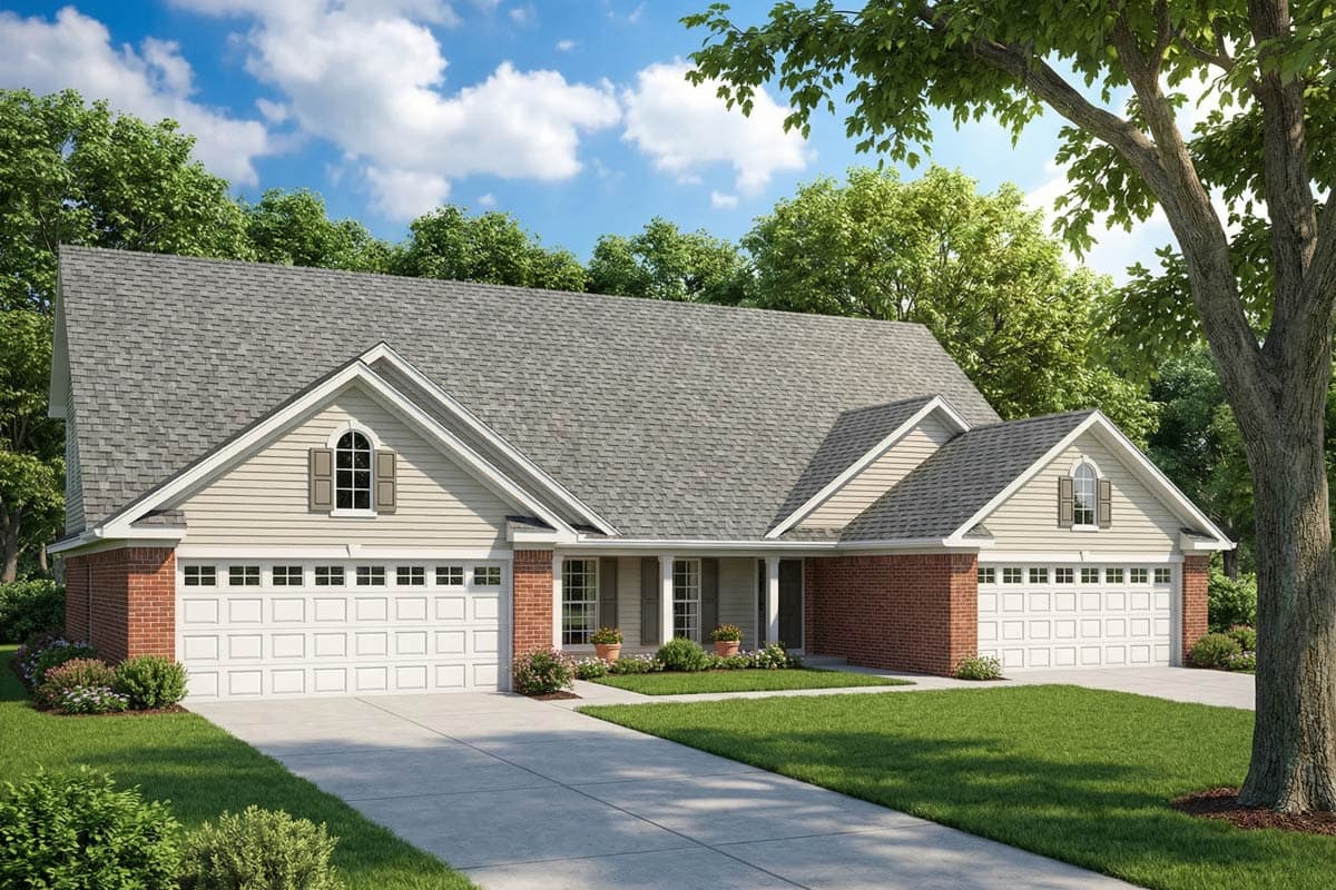 A two-story house with a brick facade and a gray roof, set amidst green trees. A driveway leads to the garage with white doors.