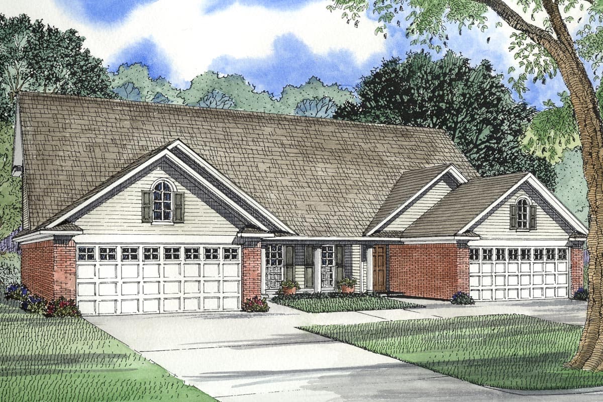 House plan exterior: Ranch-style, two-car garage on left, one-car garage on right, central entrance, brick accents, dormer window.