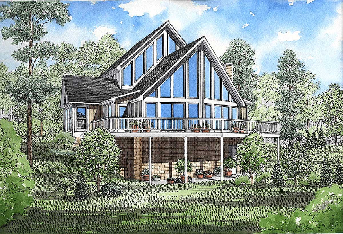 Modern A-frame house plan exterior with expansive glass walls, deck, and lower level with brick foundation.