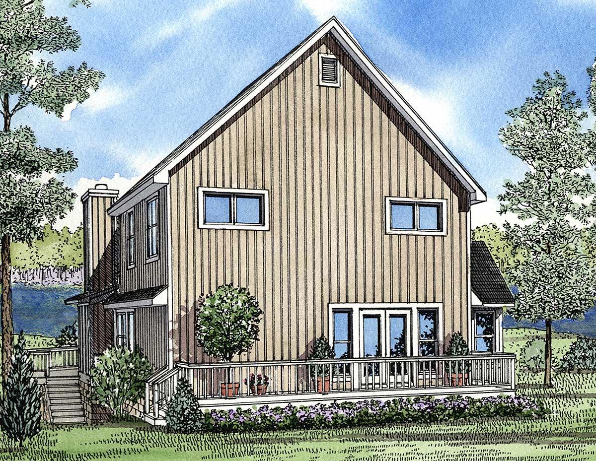 House plan exterior: Two-story home with vertical siding, prominent gable, wrap-around deck, and chimney.