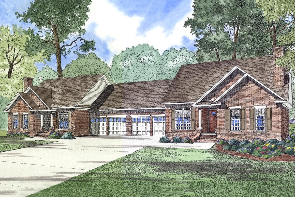 House plan exterior: One-story brick home with a prominent gable, five-car garage, and a covered entry porch.