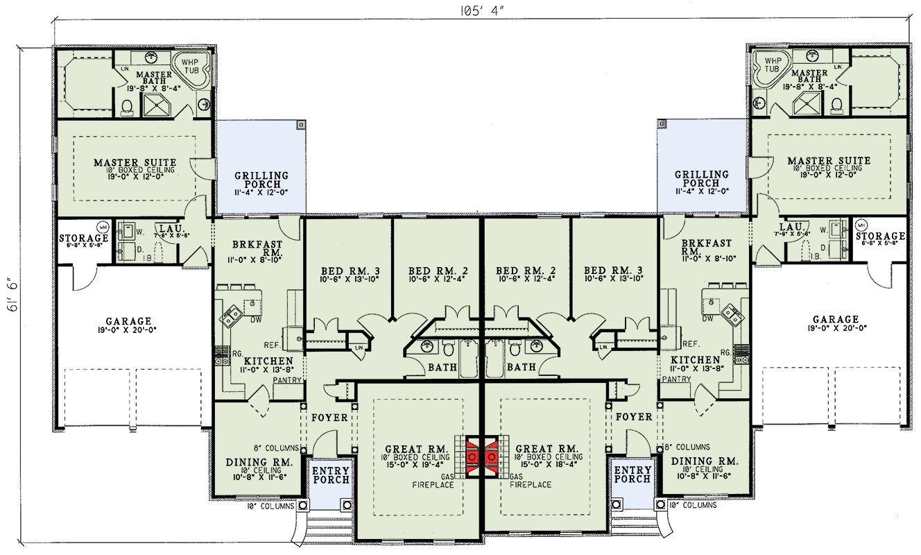 Plan 59311ND: 3-Bedroom Duplex House Plan with Formal Dining Room - 1721 Sq Ft Per Unit - Floor Plan - Main Level - Ranch, Traditional