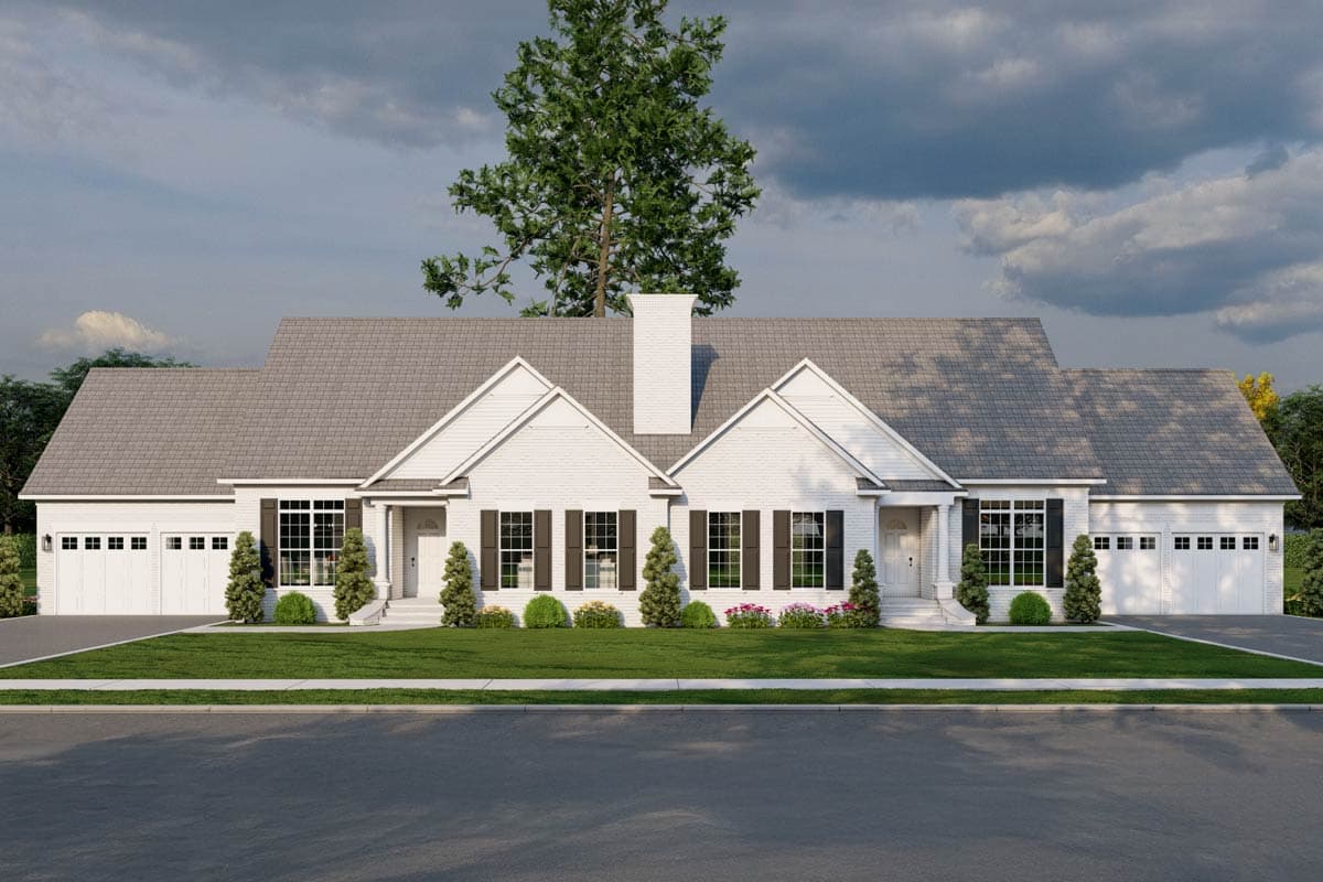 House plan exterior with white siding, gable roof, and three-car garage. Features include shutters and front entry columns.