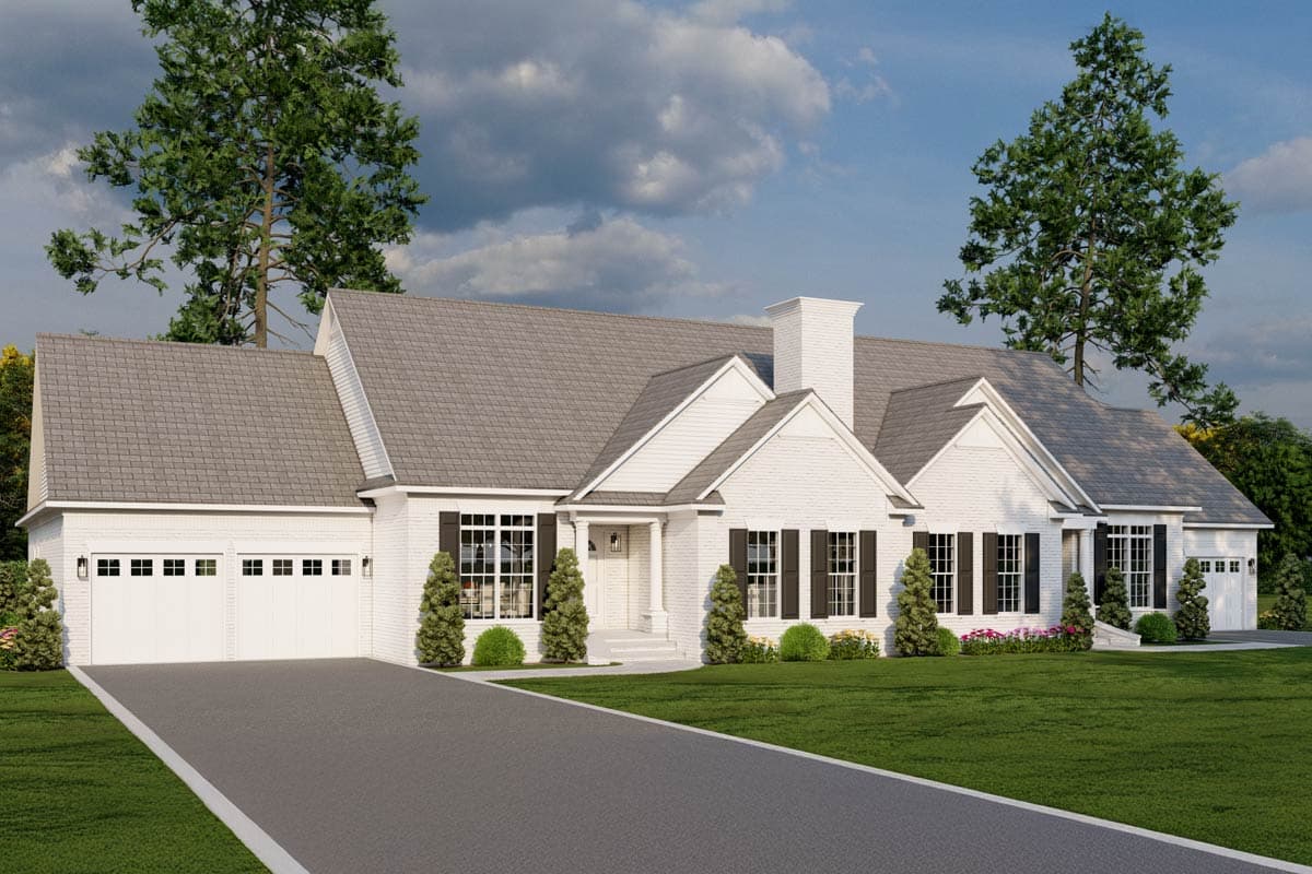 House plan exterior: Modern Farmhouse style, one story, with a three-car garage, gables, and a prominent chimney.