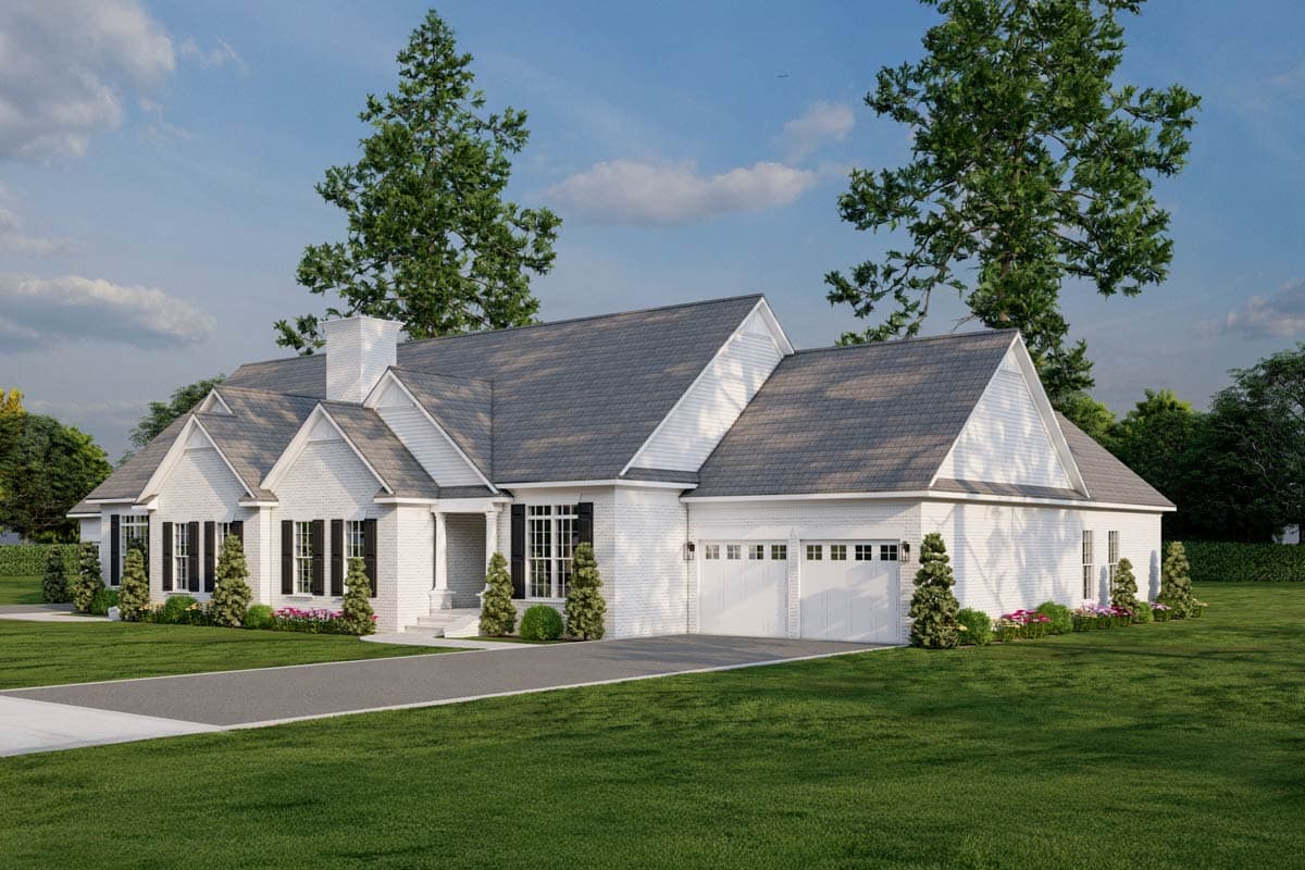 House plan exterior: Ranch style with gabled dormers, prominent chimney, covered porch, and a two-car front-facing garage.