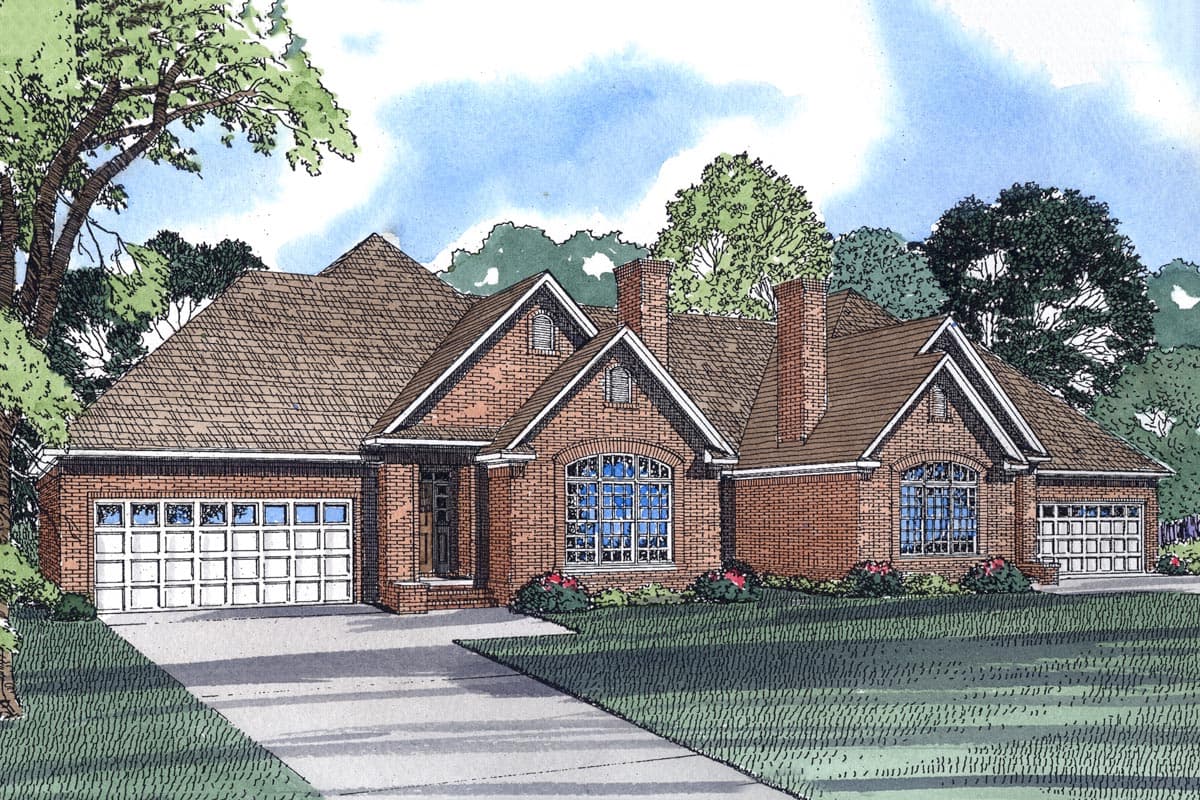 House plan exterior: Brick ranch with two-car garage, prominent gables, arched windows, and brick chimneys.