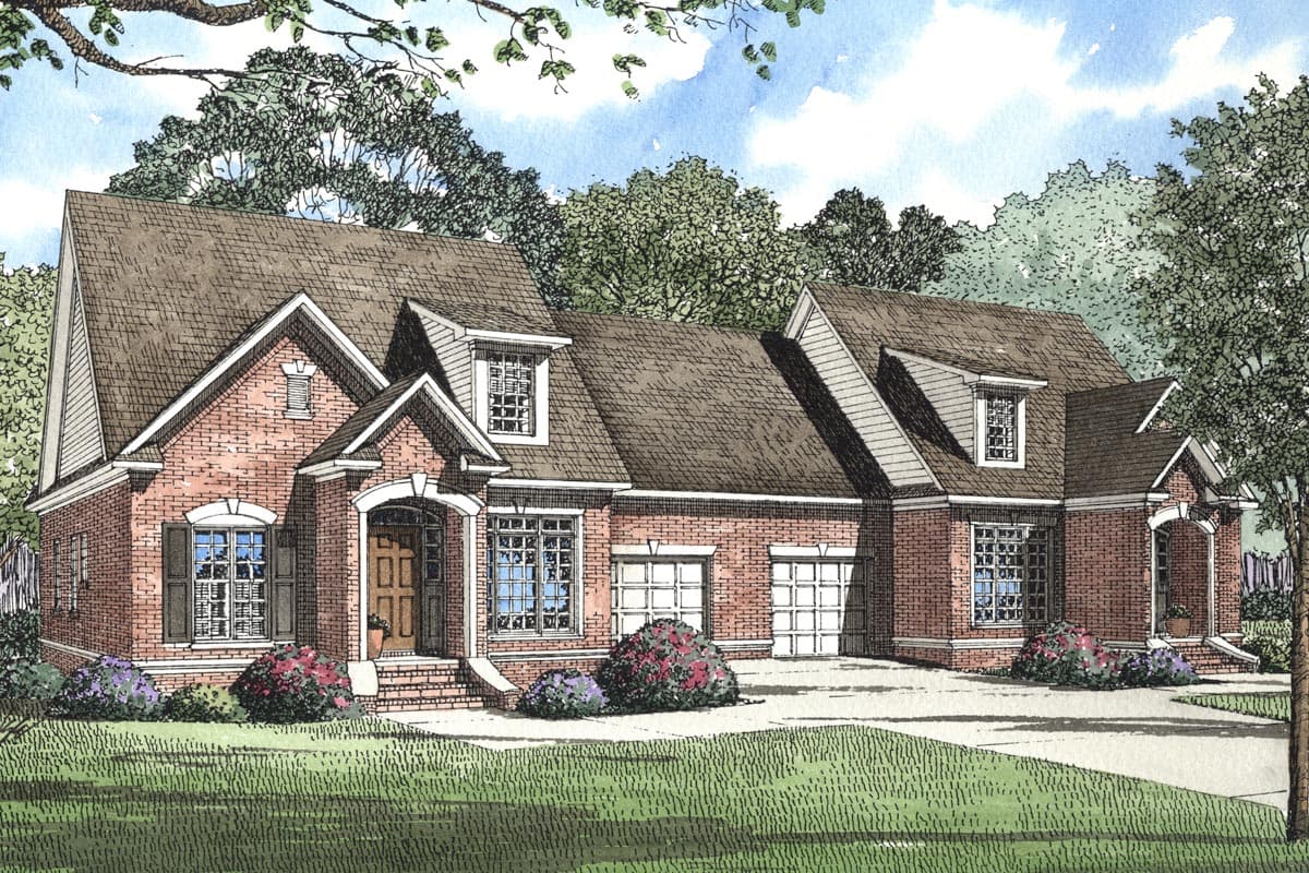 House plan exterior: Brick two-story home with arched entry, gables, dormers, and a side-facing three-car garage.