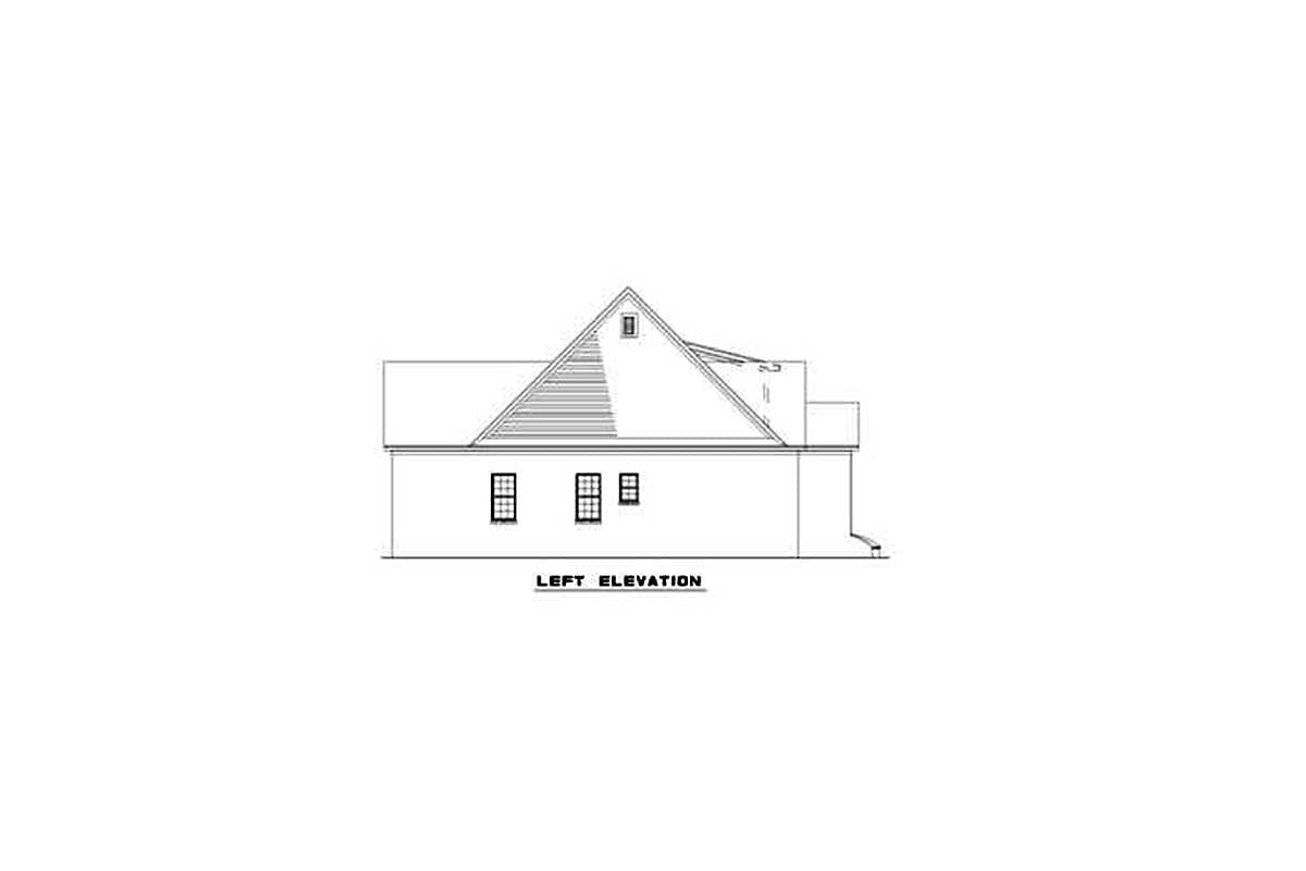 Left elevation drawing of a house plan showing a gable roof, dormer, and three windows on the main level.