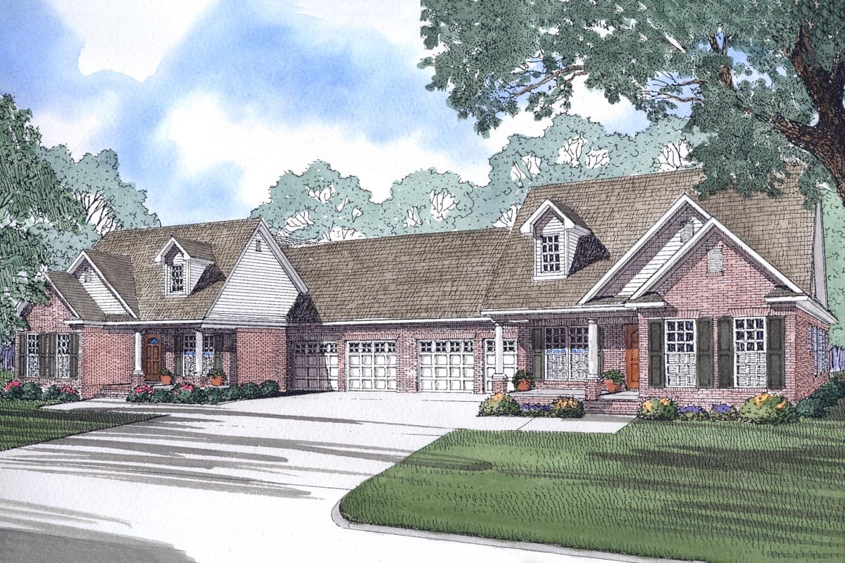 House plan exterior rendering: Brick home with a long driveway, three-car garage, multiple dormers, and covered porches.