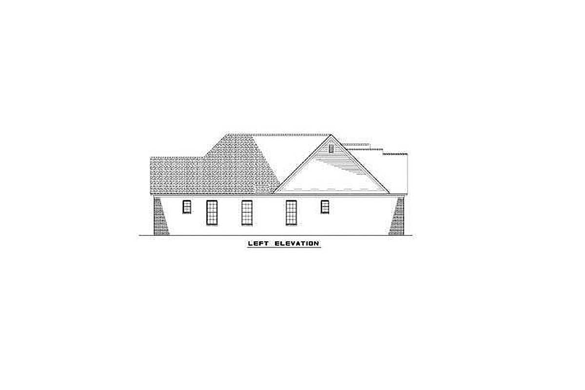 Left elevation drawing of a house plan showing a pitched roof, multiple windows, and a foundation detail.