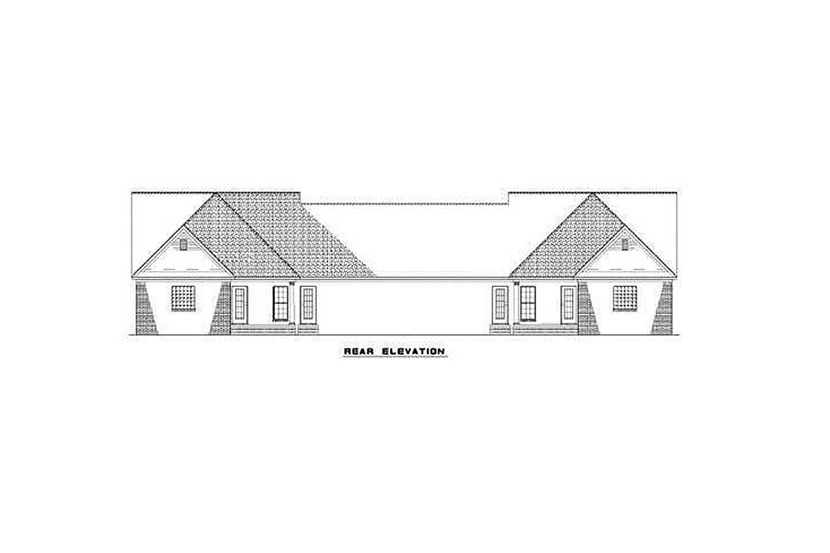 Rear elevation drawing of a one-story house plan with symmetrical gables, double doors, and small windows.
