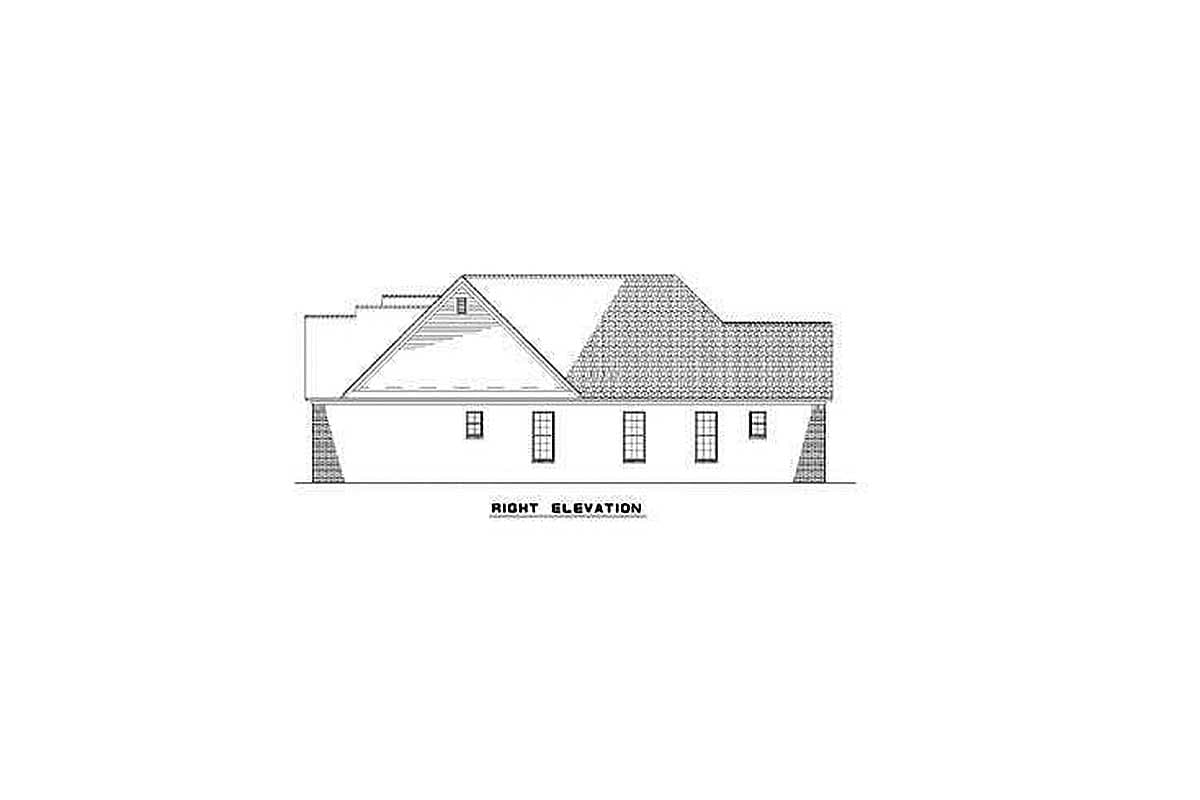 Right elevation drawing of a house plan featuring a prominent gable and multiple windows.