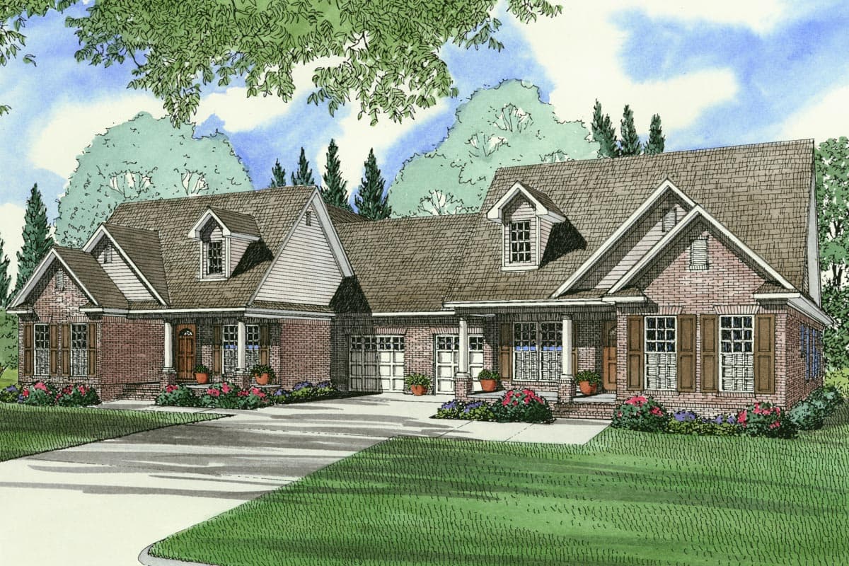 House plan exterior: Brick ranch with multiple gables, dormers, covered porches, and a three-car garage.