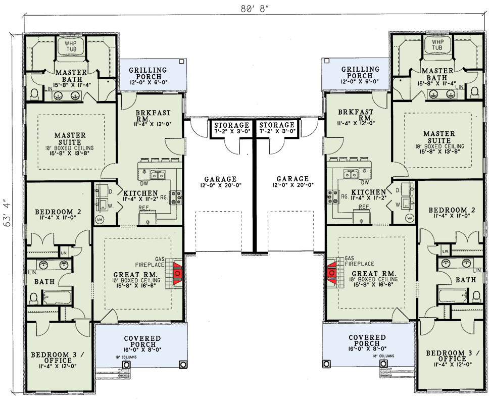 Plan 59315ND: Traditional Duplex Home Plan - Floor Plan - Main Level - Ranch, Southern, Traditional