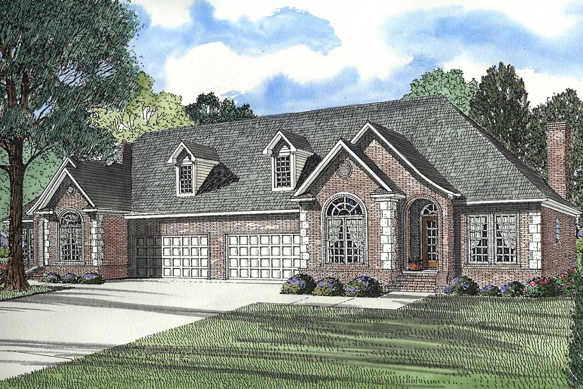 House plan exterior: Brick home with a three-car garage, arched windows, dormers, and a prominent gable.