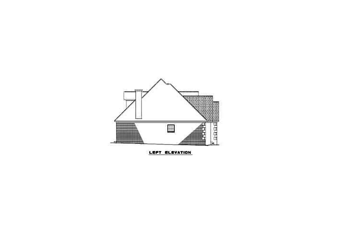 Left elevation house plan drawing showing a multi-level roofline with a prominent gable and chimney.