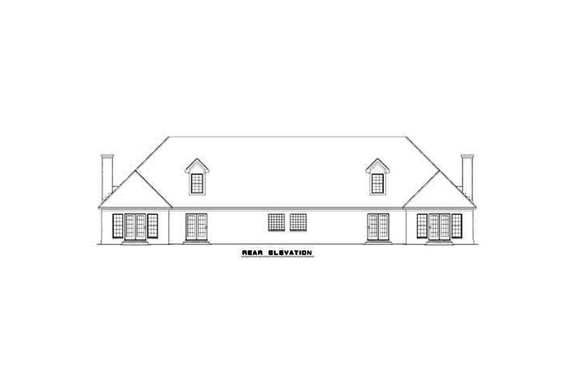 Rear elevation drawing of a house plan featuring dormers, chimneys, and multiple French doors.