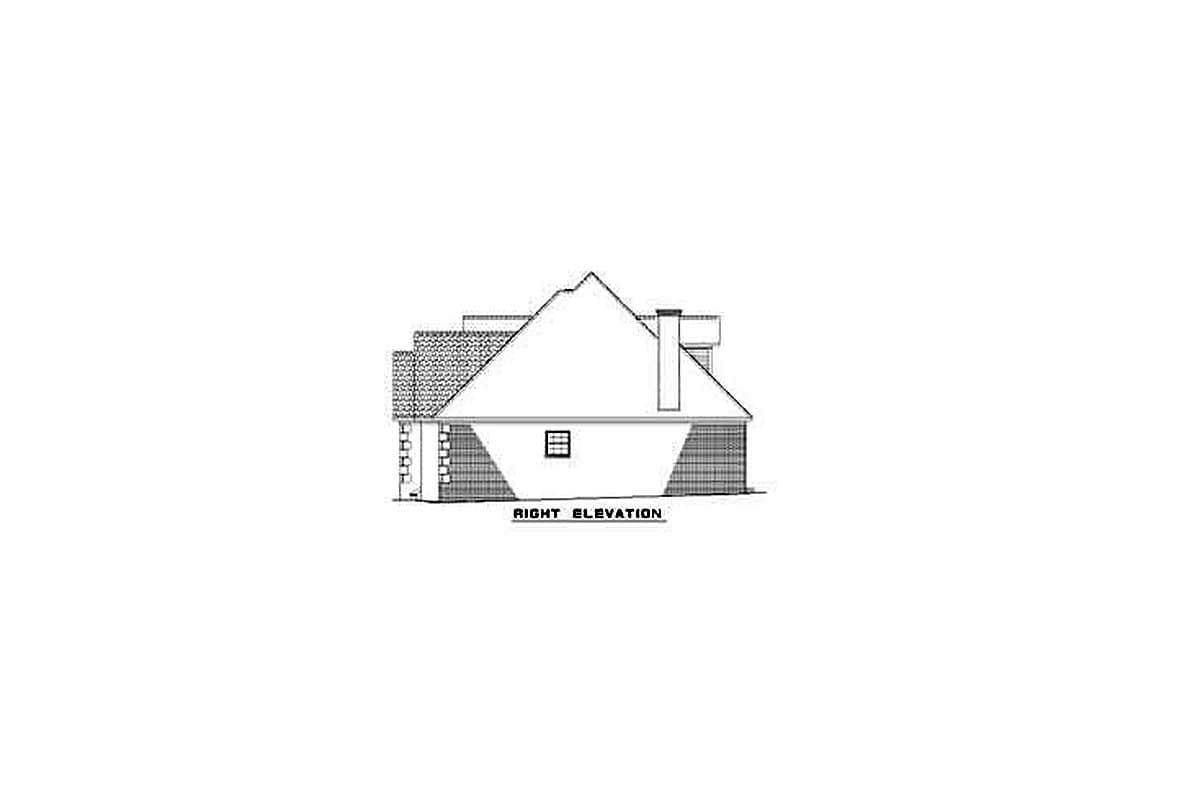 Right elevation drawing of a house plan, showing a sloped roof, chimney, and one window.
