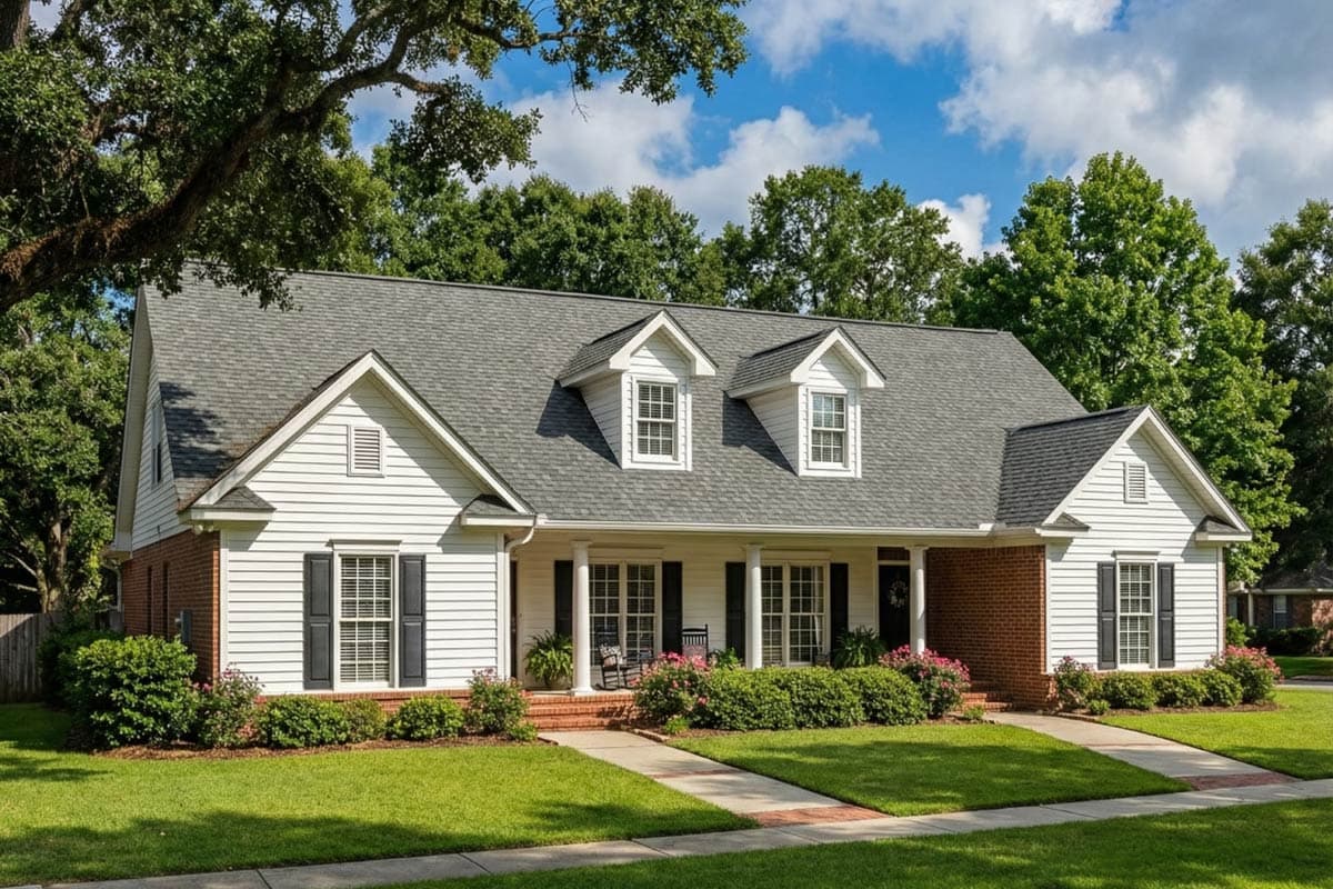 A white house with a grey roof, brick accents, and black shutters, set amongst green grass and trees, with a blue sky overhead.