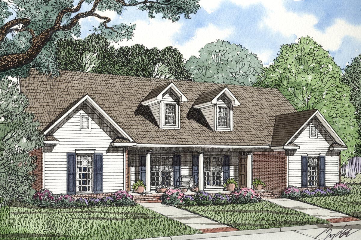 House plan exterior: One-story home with side-gabled roof, prominent dormers, central covered porch with columns, and brick and siding facade.