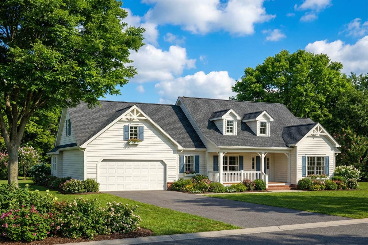 A two-story white house with a dark gray roof, blue shutters, and a porch. Green lawn and trees surround the house on a sunny day.