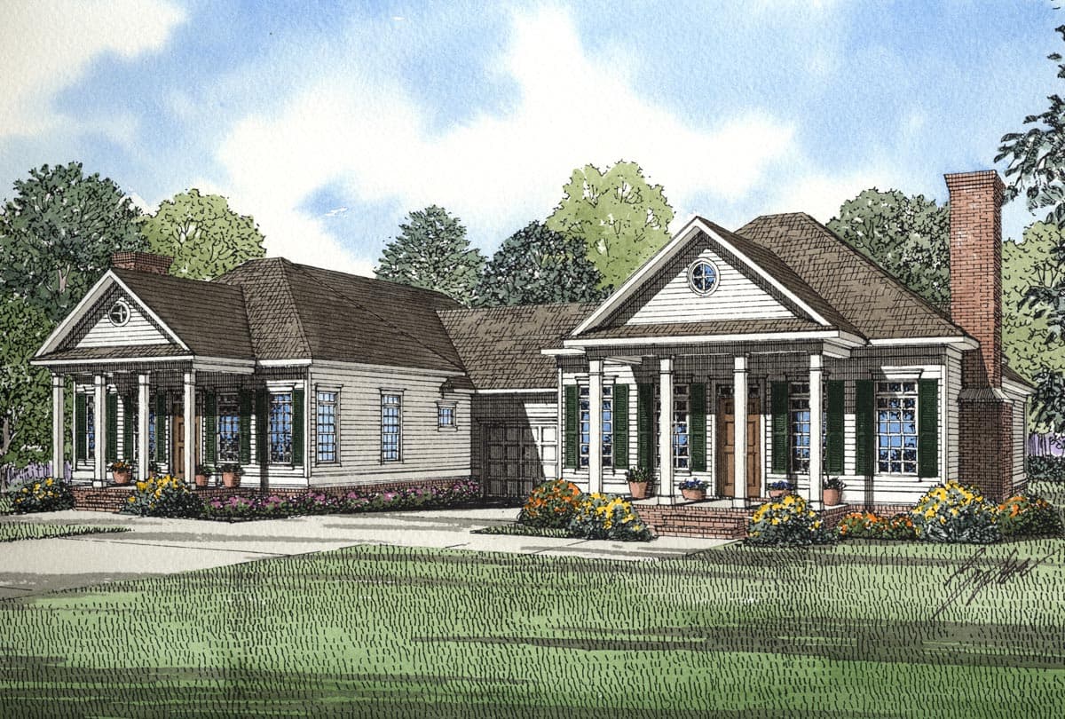 House plan exterior of a one-story home with a prominent front portico, central gable, and attached garage.